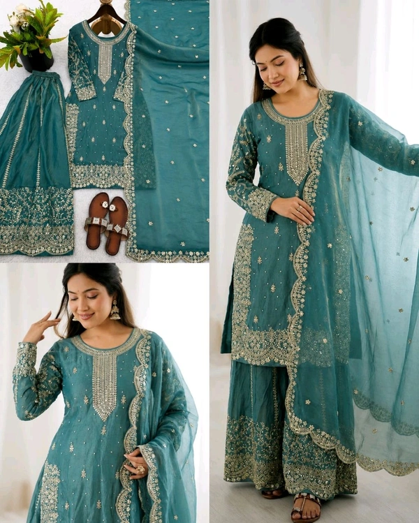 Trendy Heavy Embroidery Sequence Work Top-Bottom And Dupatta Set Fully Stitched Ready To Wear - L, Pigment Indigo