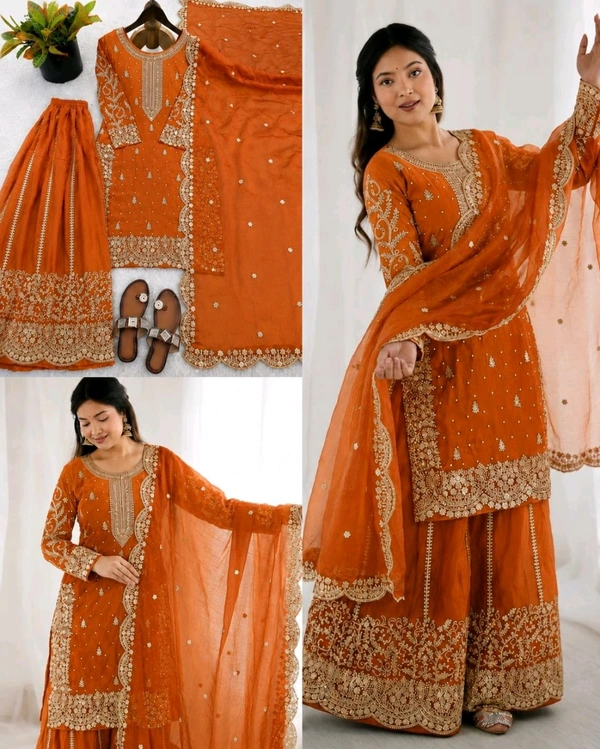 Trendy Heavy Embroidery Sequence Work Top-Bottom And Dupatta Set Fully Stitched Ready To Wear - L, Orange