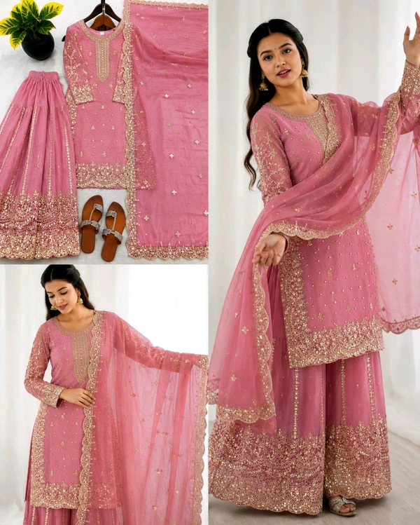 Trendy Heavy Embroidery Sequence Work Top-Bottom And Dupatta Set Fully Stitched Ready To Wear - XL, Pigment Indigo