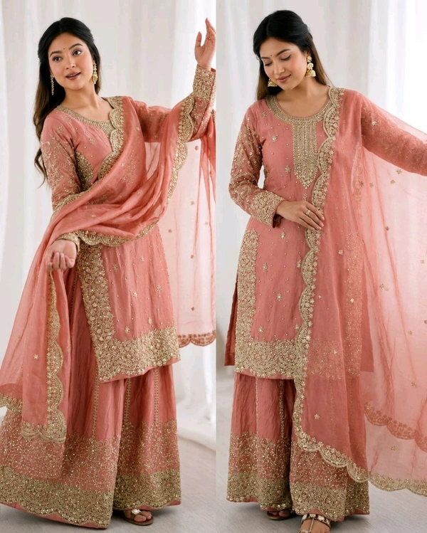 Trendy Heavy Embroidery Sequence Work Top-Bottom And Dupatta Set Fully Stitched Ready To Wear - XL, Peach