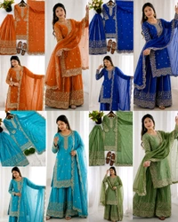 Trendy Heavy Embroidery Sequence Work Top-Bottom And Dupatta Set Fully Stitched Ready To Wear - 2XL, Pigment Indigo