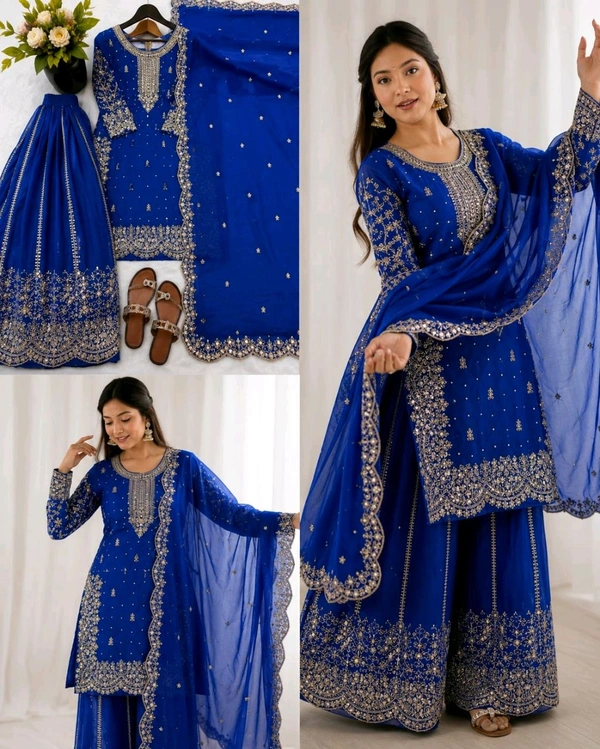 Trendy Heavy Embroidery Sequence Work Top-Bottom And Dupatta Set Fully Stitched Ready To Wear - 2XL, Blue