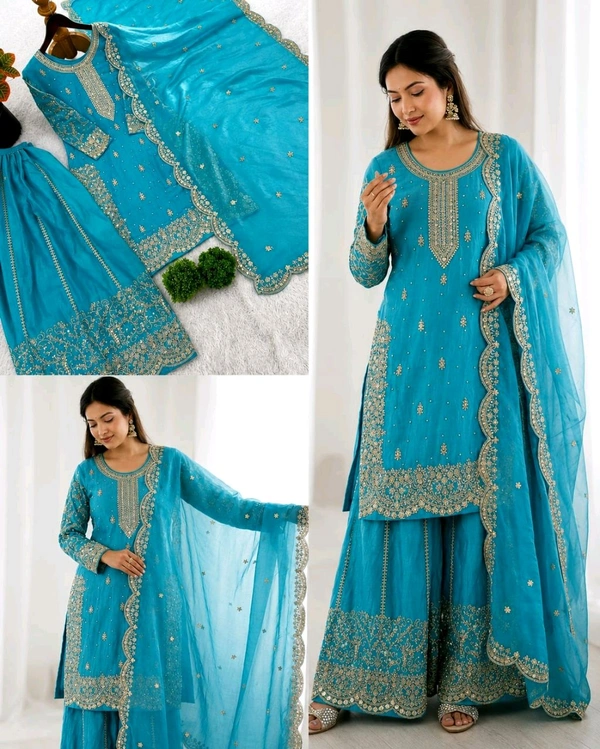 Trendy Heavy Embroidery Sequence Work Top-Bottom And Dupatta Set Fully Stitched Ready To Wear - 2XL, Lite Blue