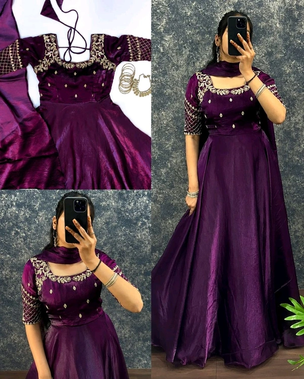Premium Embroidery Sequence Gown with Dupatta
- M, Purple
