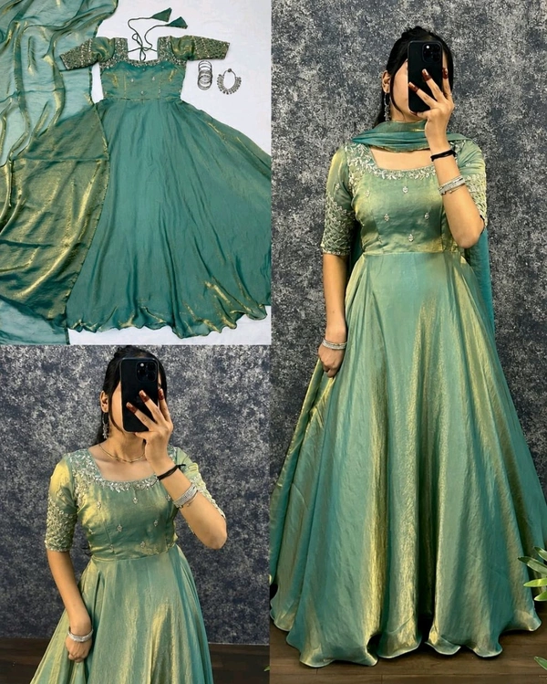 Premium Embroidery Sequence Gown with Dupatta
- M, Green