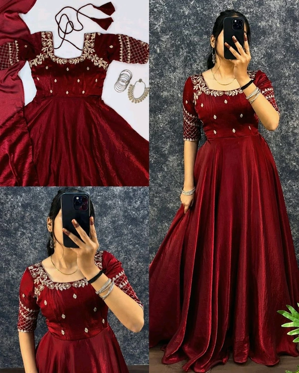Premium Embroidery Sequence Gown with Dupatta
- L, Purple