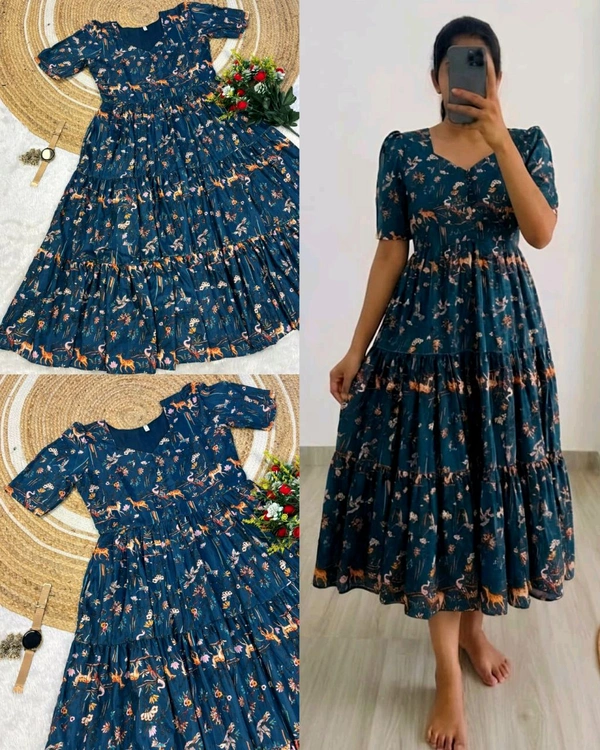 Kalmkari Maxi gown soft Maslin cotton with digital print.
- S, Blue