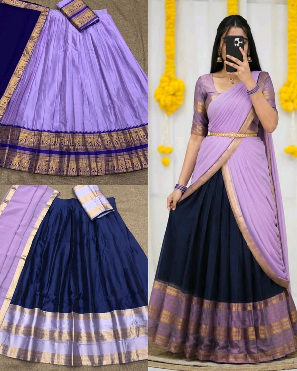 Traditional South Indian Style Kanjivaram Silk Half Saree
- Navy Blue With Voilet 2nd