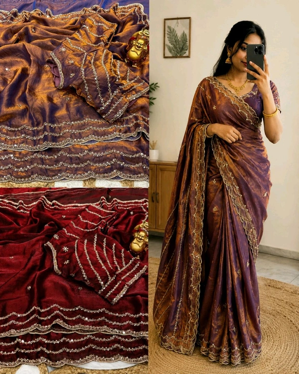💫🌸 Launch Grand party wear saree in original gold beeds work on pure space silk sarees in velvet shine adorned with sequence and cutdana delicate handwork💫🌸 - 1st Copper Brown