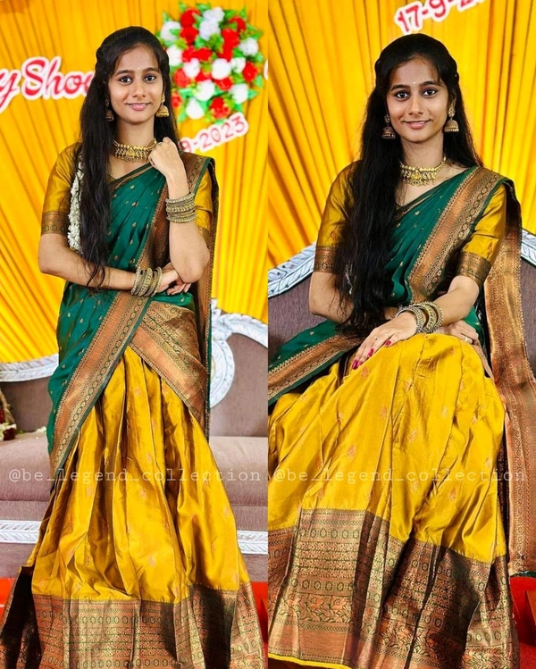 Latest South Indian Women Lehenga - Yellow & Green, Free Size