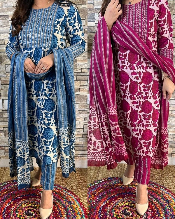 🔥🔥Pure fine reyon fabric with Hand wark embroidery Kurti with Pant with cotton 100-100 Dupatta*🌹🌹 - Blue, XL