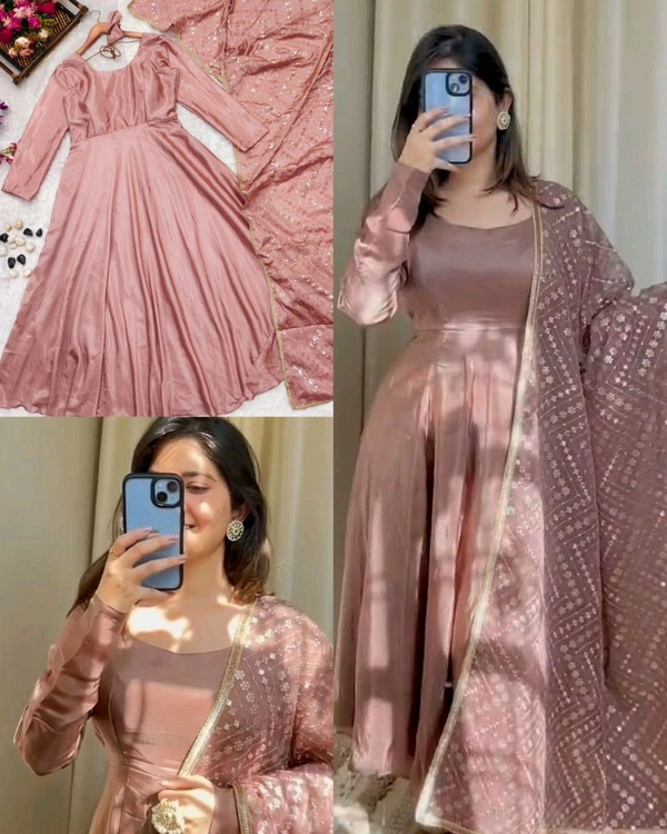 Beautiful Long Anarkali Dress With look luxurious Shine of Chinnon  - L