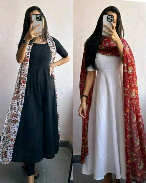 Flared Kurta With Digital Printed Georgette Fabric Dupatta - Black, M