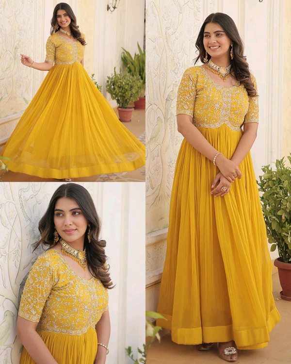 Designer Gown is luxury clothing Considered to be high quality Made by Zari-Thread & Sequins Embroidery - L, Yellow