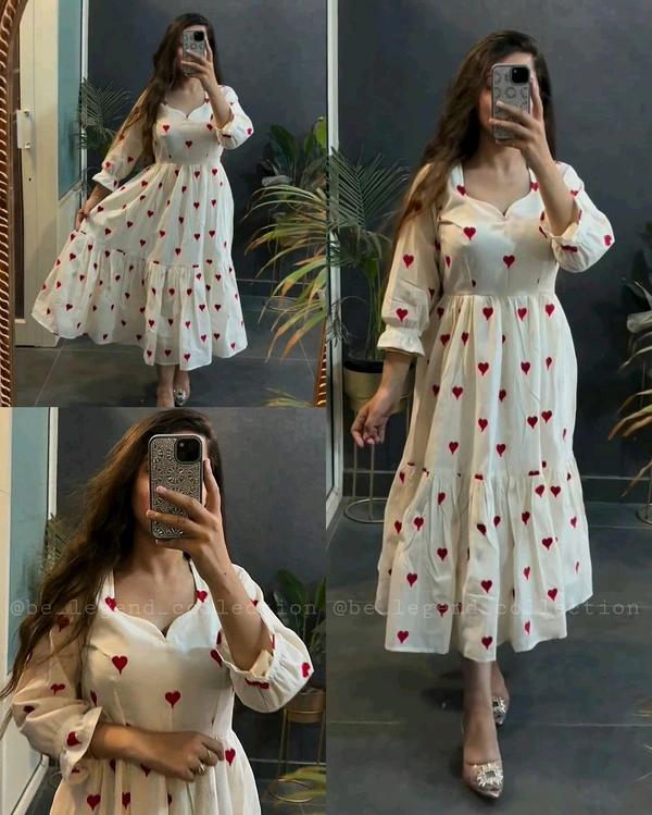 New Beautiful printed heart mini dress color Cream cotton middi Gown dress with beautiful sleeve - M
