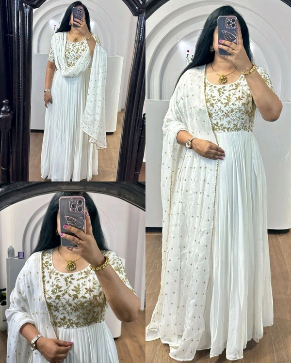 Party Wear Chinnon Silk Gown With Pant And Dupatta - L