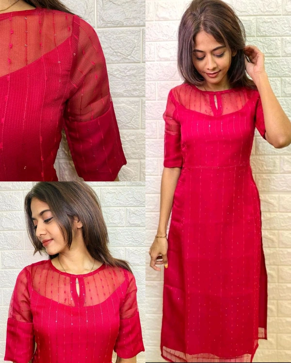 SEQUINEED KURTI  - 2XL, Red