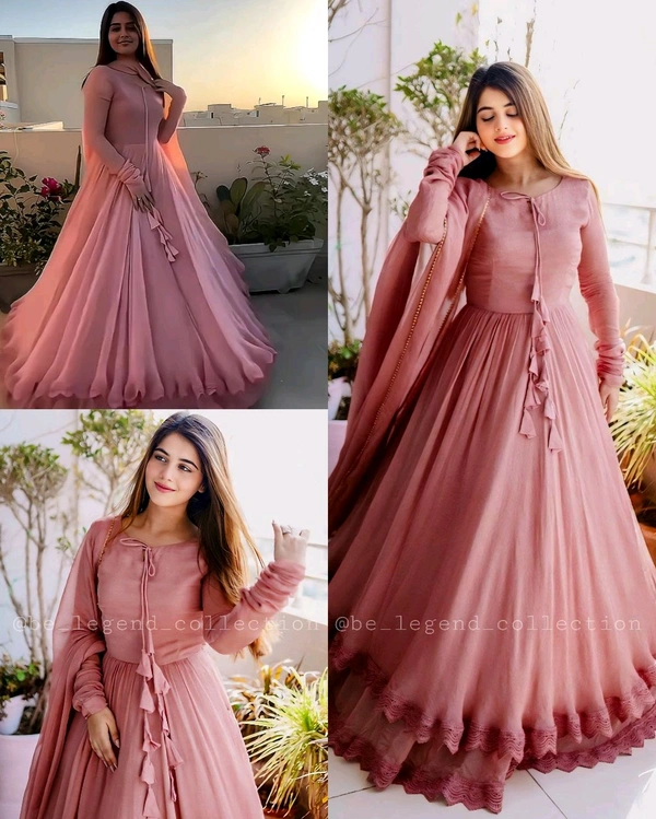 Designer Gown on Faux Georgette febric with Inner and Lace work and Dupatta on also Faux Georgette fabric - XL, Peach
