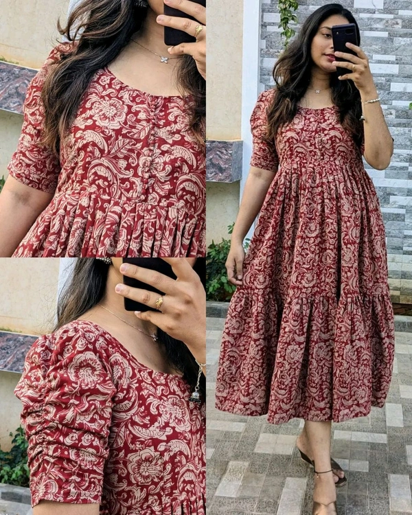 Beautiful Printed Full Flair Middi Gown With Pottli Buttons and Stylish Sleeves gown 🤎  - M