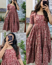 Beautiful Printed Full Flair Middi Gown With Pottli Buttons and Stylish Sleeves gown 🤎  - M