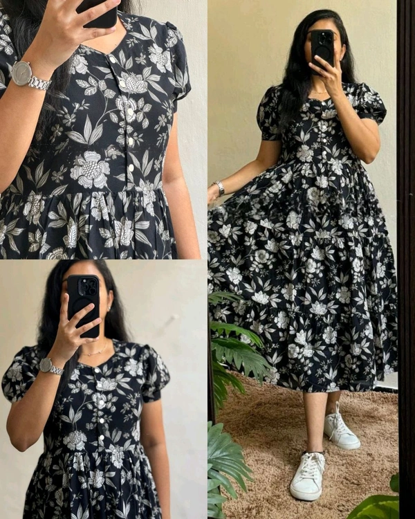 !Beautiful floral print Cotton Full Flair Middy Gown!! - Black, 2XL