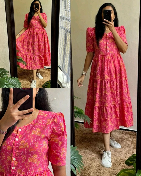 !Beautiful floral print Cotton Full Flair Middy Gown!! - Pink, Xl
