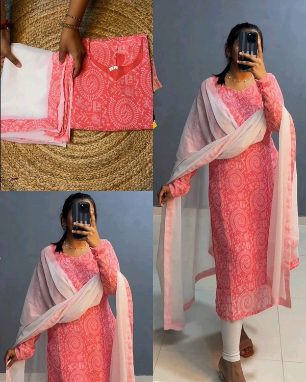 Beautiful Village Printed Kurti With Dupatta - Pink, M