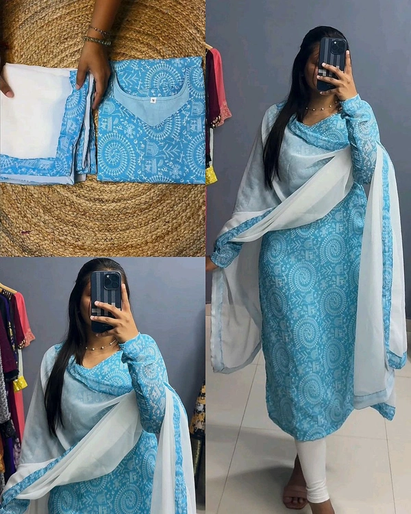 Beautiful Village Printed Kurti With Dupatta - Sky Blue, 2XL