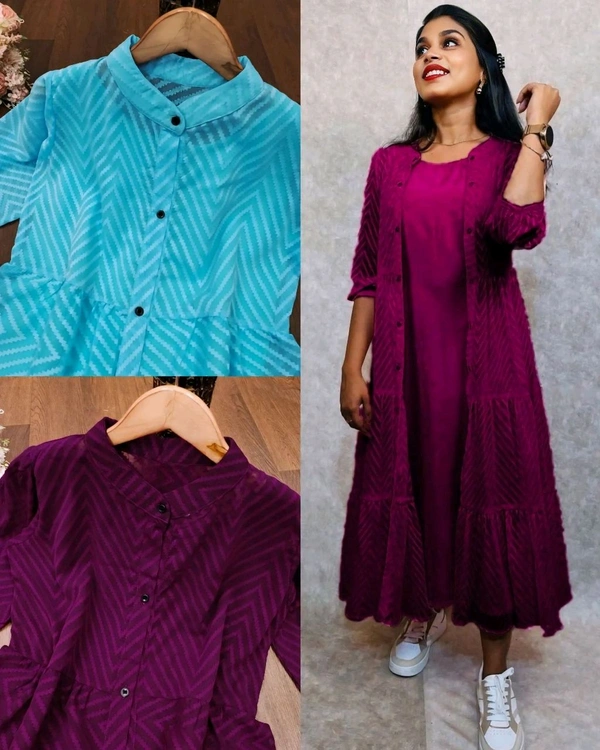 Latest Premium Quality Beautiful Georgette Woven Zikzak Jacket Kurta - Curious Blue, S