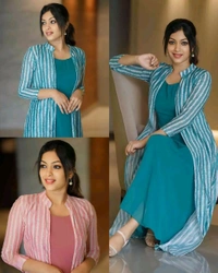 New Fashion Slit Long Jacket Kurta With Inner - Pink, S