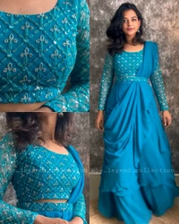 NEW DESIGNER PARTY WEAR LAHENGA SAREE WITH STICH BLOUSE WITH EMBROIDERY WORK - Free Size, Black