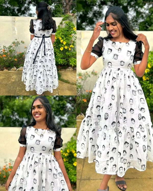 Cartoon printed puff sleeve round neck Dress - L