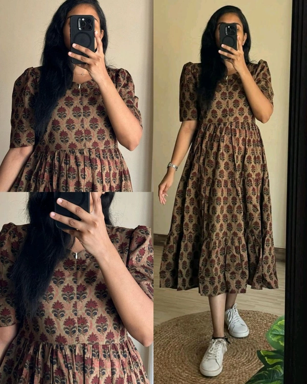 Beautiful Flower print Cotton Full Flair Middy Gown - Morocco Brown, L