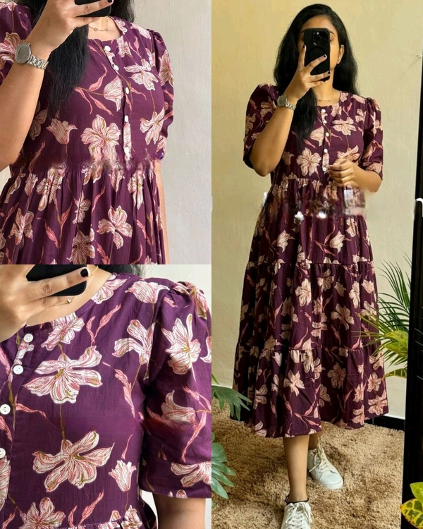 Beautiful Flower print Cotton Full Flair Middy Gown - Wine, M