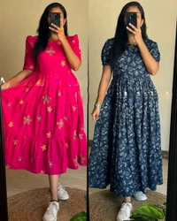 Beautiful Flower print Cotton Full Flair Middy Gown - Red, M