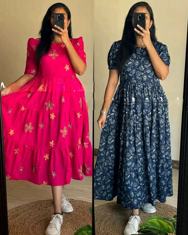 Beautiful Flower print Cotton Full Flair Middy Gown - Midnight Blue, M