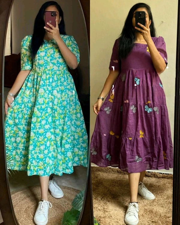 Beautiful Flower print Cotton Full Flair Middy Gown - Purple, L