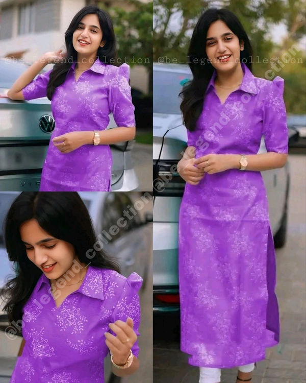 Trendy Collar Printed chanderi Cotton Kurti - Purple, S