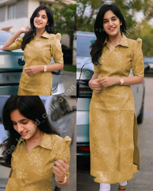 Trendy Collar Printed chanderi Cotton Kurti - Yellow, M
