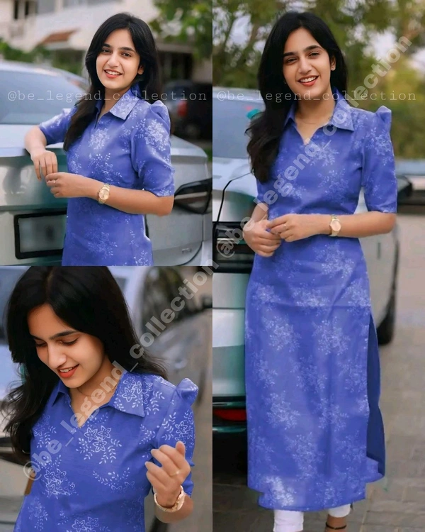 Trendy Collar Printed chanderi Cotton Kurti - Blue, 3XL
