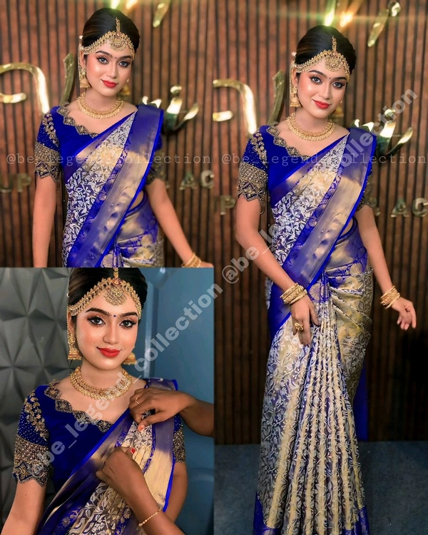 Kanjivaram silk sarees new model 2024 collection wedding party wear - Blue, Free Size
