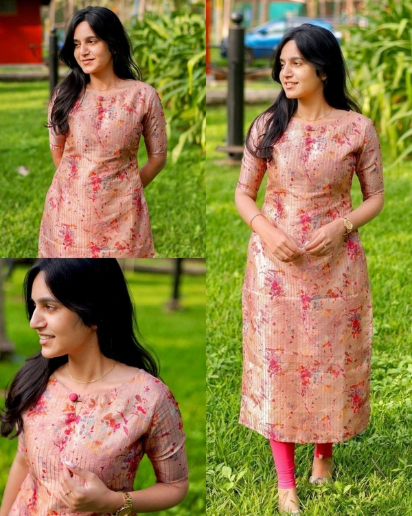 READY TO WEAR CHANDERI COTTON DIGITAL PRINTED KURTI FOR DAILY AND OFFICE COMFORTABLE WEAR - Peach, L