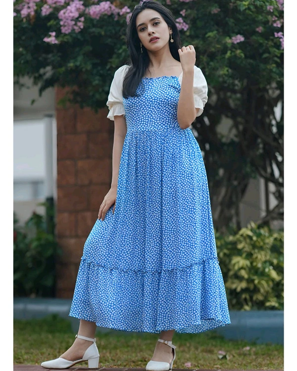 Blue Printed One Piece Dress - M