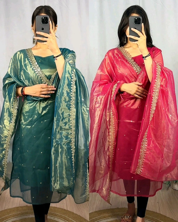 BANARASI TISSU TWO TONE WITH EMBROIDERY WITH 3mm SEQUENCE THREAD WORK 💎 - Red Orange, M