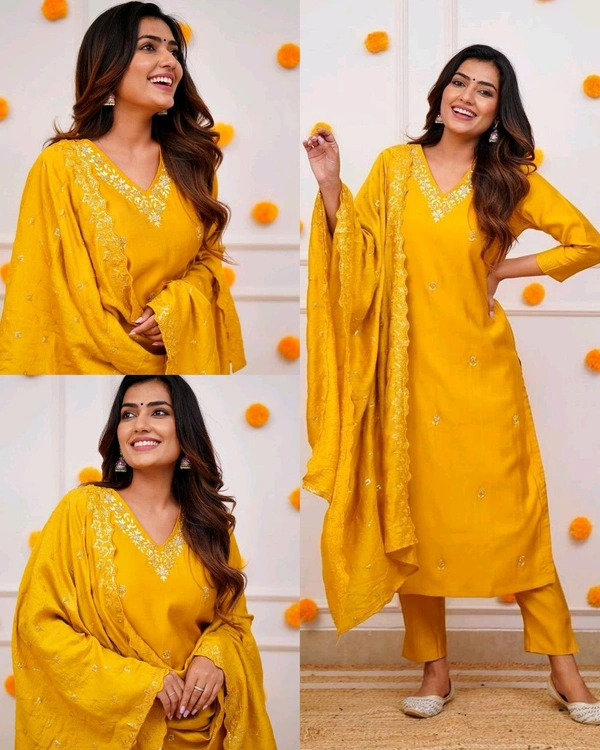 Women Embroidered Chanderi SILK KURTA SET - Yellow, XL