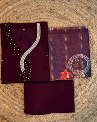 Hand work Kurtas for functions Kurti + pant + dupata - Wine, M