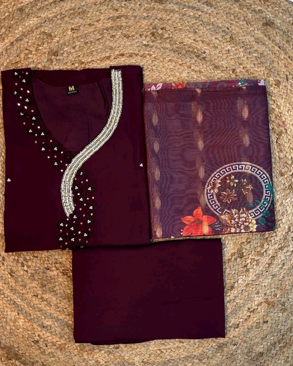 Hand work Kurtas for functions Kurti + pant + dupata - Wine, M
