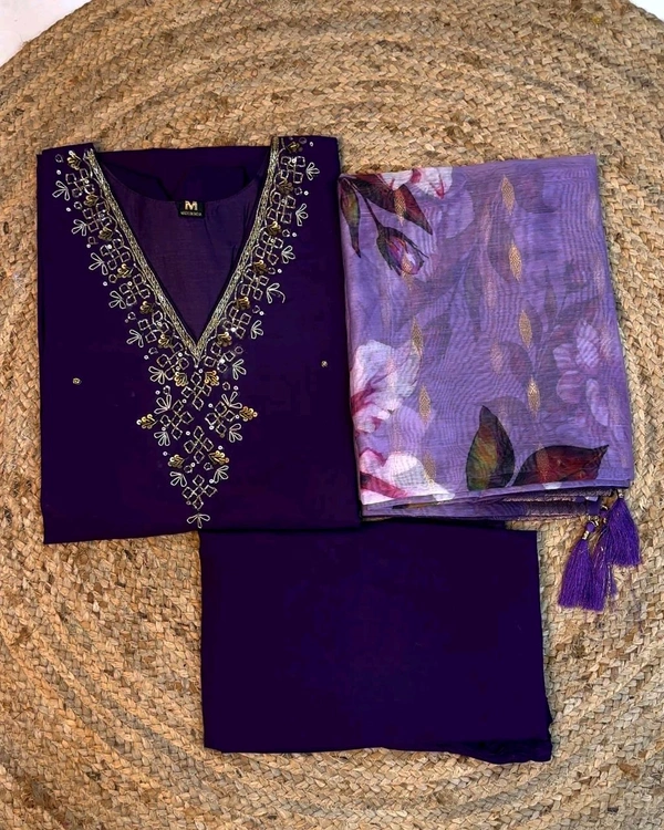 Hand work Kurtas for functions Kurti + pant + dupata - Wine, M