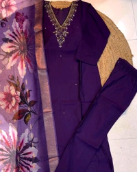 Hand work Kurtas for functions Kurti + pant + dupata - Wine, M