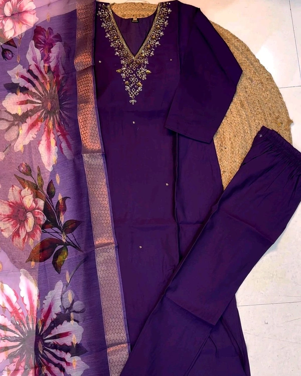 Hand work Kurtas for functions Kurti + pant + dupata - Wine, M